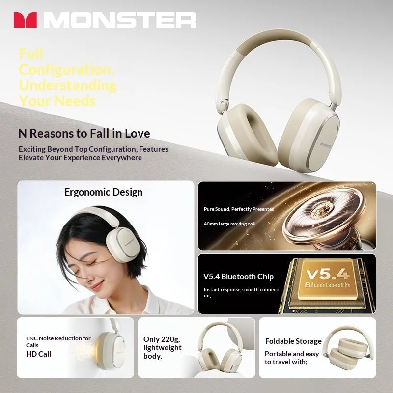 Monster GH01 head-mounted wireless Bluetooth earphones for mobile phones, computers, gaming, and e-sports, featuring low latency - Tara's Tiny Treasures