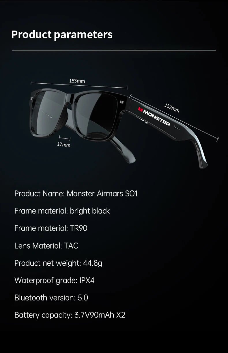 Monster Glasses Headset Wireless Bluetooth 5.0 Sunglasses Outdoor Sport earphone Calling Music Eyeglasses - Tara's Tiny Treasures