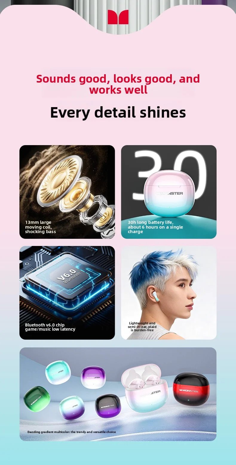 MONSTER GT37 TWS Bluetooth5.3 Earphone Wireless Active Noise Cancelling Headphones Stereo Sound Gaming Headset For Android iOS - Tara's Tiny Treasures