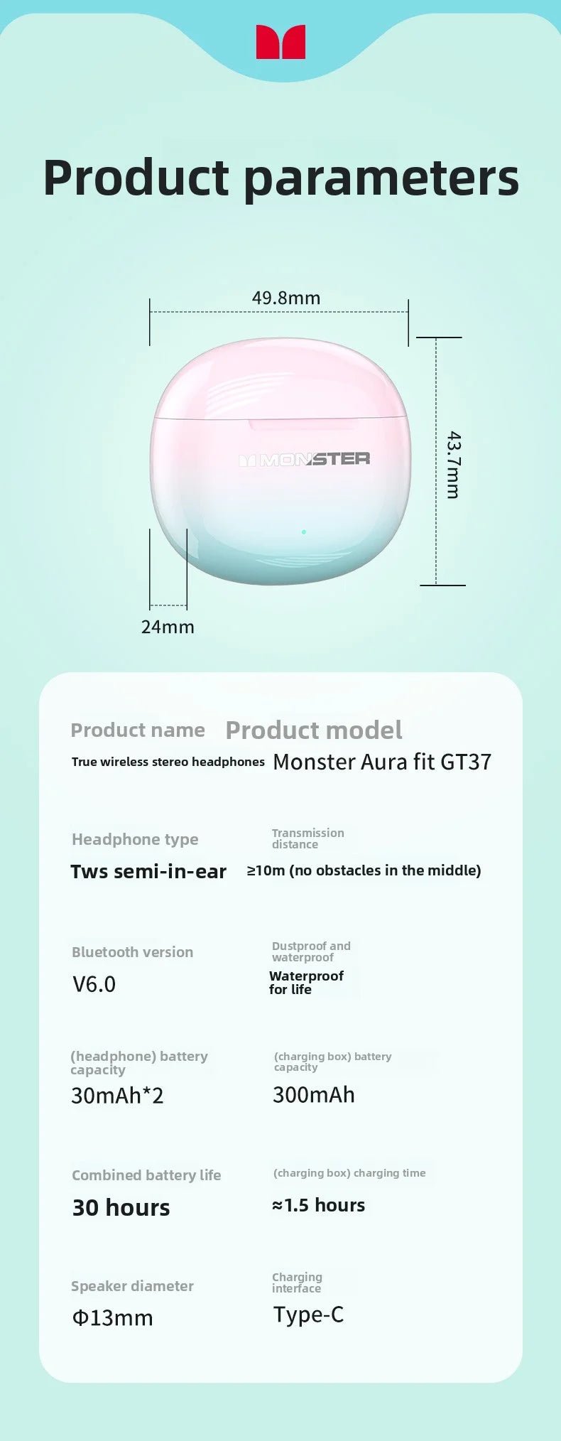 MONSTER GT37 TWS Bluetooth5.3 Earphone Wireless Active Noise Cancelling Headphones Stereo Sound Gaming Headset For Android iOS - Tara's Tiny Treasures
