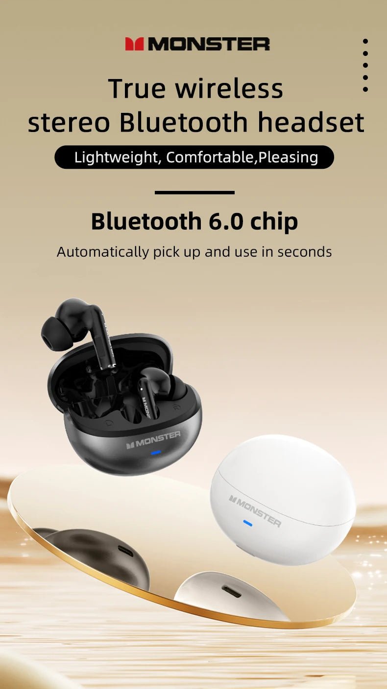 Monster MQT39 Earphones Wireless Bluetooth 6.0 TWS Noise Reduction Earbuds Gamer Sports Headset Hifi Stereo with Mic Headphones - Tara's Tiny Treasures