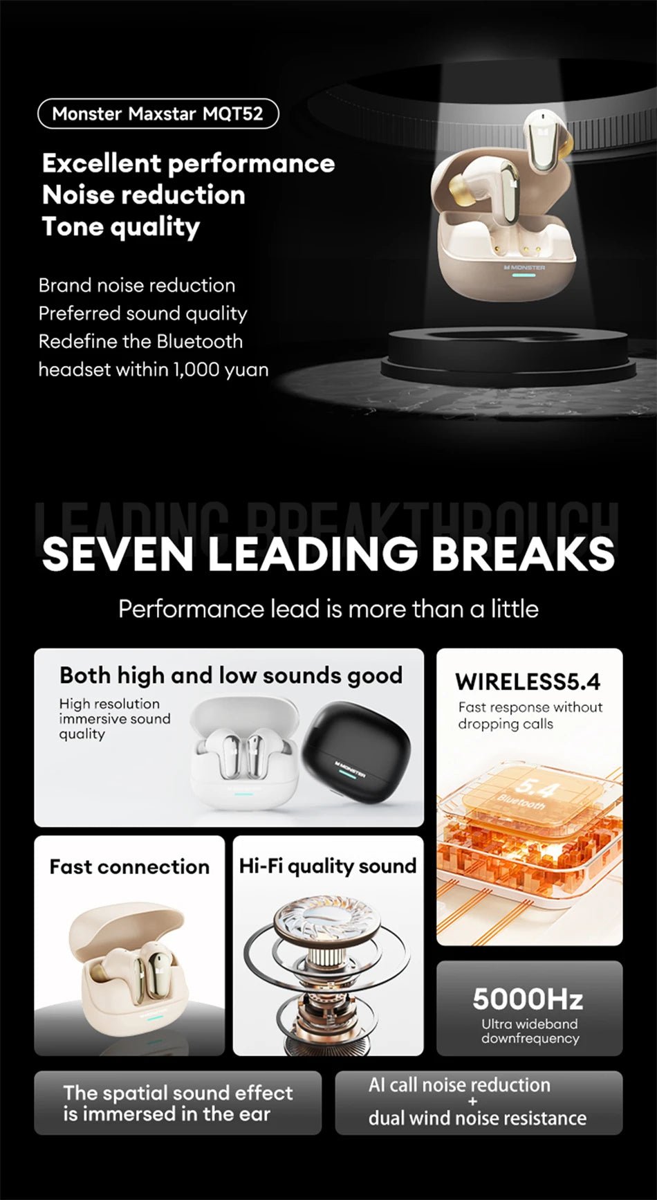 Monster MQT52 Wireless Bluetooth 5.4 Earphones Long Battery Life Gaming Headphones Dual Mode HIFI Stereo Sound Headset With Mic - Tara's Tiny Treasures