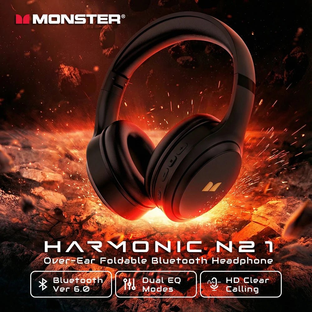 Monster N21 Bluetooth 6.0 Headphones Call Noise Reduction Headset Powerful Deep Bass Over-Ear Wireless Earphone with Microphone - Tara's Tiny Treasures