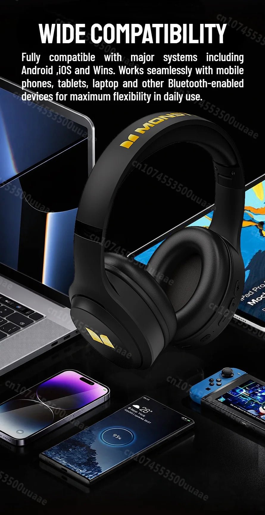 Monster N21 Bluetooth 6.0 Headphones Dual EQ Mode Immersive Stereo Earphone Over-Ear Foldable Wire/Wireless Headset with Mic - Tara's Tiny Treasures