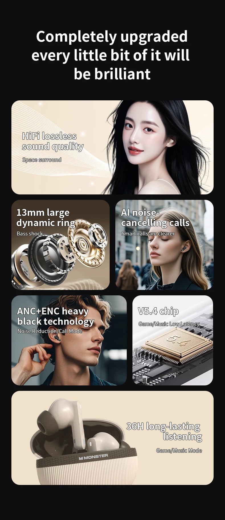Monster Wireless Bluetooth Headphones with Bluetooth 5.4 Al Noise Cancelling Calls 360° Panoramic Space Sound Effect Headset - Tara's Tiny Treasures