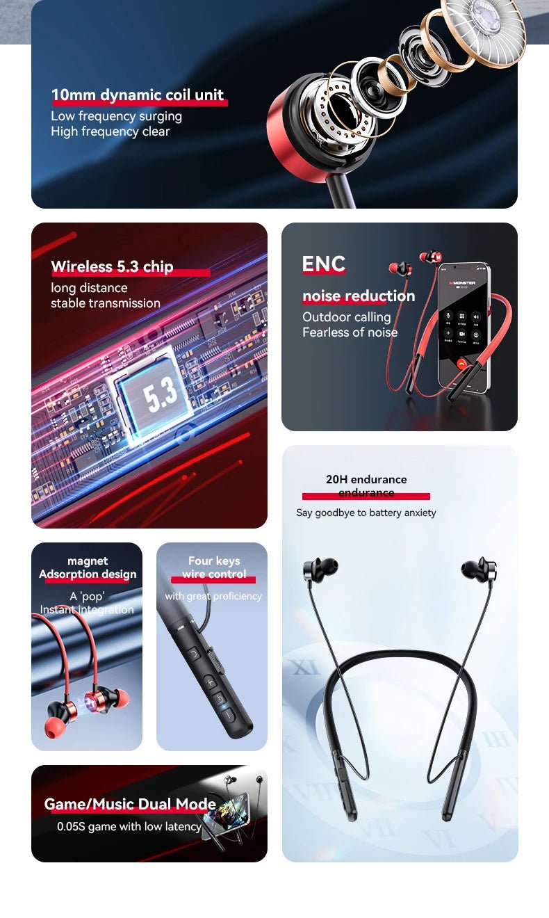 Monster Wireless Bluetooth5.3 Headphones with Button Function, Outdoor Sports Earphones, HD Call, Stereo Music, Neckband Headset - Tara's Tiny Treasures