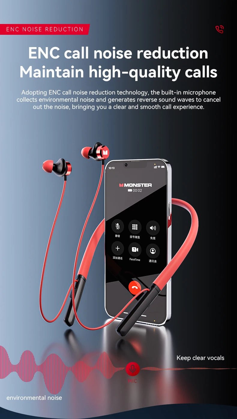 Monster Wireless Bluetooth5.3 Headphones with Button Function, Outdoor Sports Earphones, HD Call, Stereo Music, Neckband Headset - Tara's Tiny Treasures