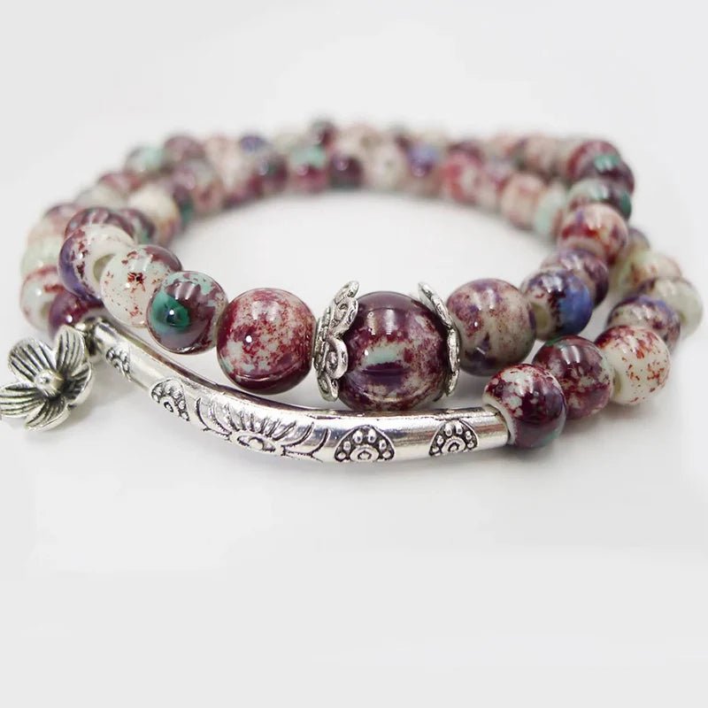 Multi Color Natural Stone Antique Silver Tube Elastic Bracelet Retro Semi-Precious Beads Handmade Flower Charm Bracelet Jewelry - Tara's Tiny Treasures