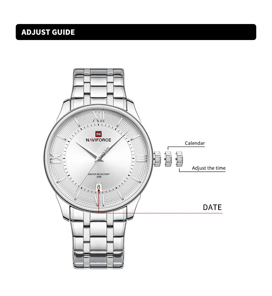 NAVIFORCE Men's Watch Classic Stainless Steel Strap 3ATM Waterproof Calendar Minimalist Dial Men's Chronograph Watch NF9272S - Tara's Tiny Treasures