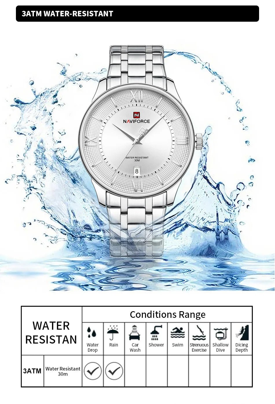 NAVIFORCE Men's Watch Classic Stainless Steel Strap 3ATM Waterproof Calendar Minimalist Dial Men's Chronograph Watch NF9272S - Tara's Tiny Treasures