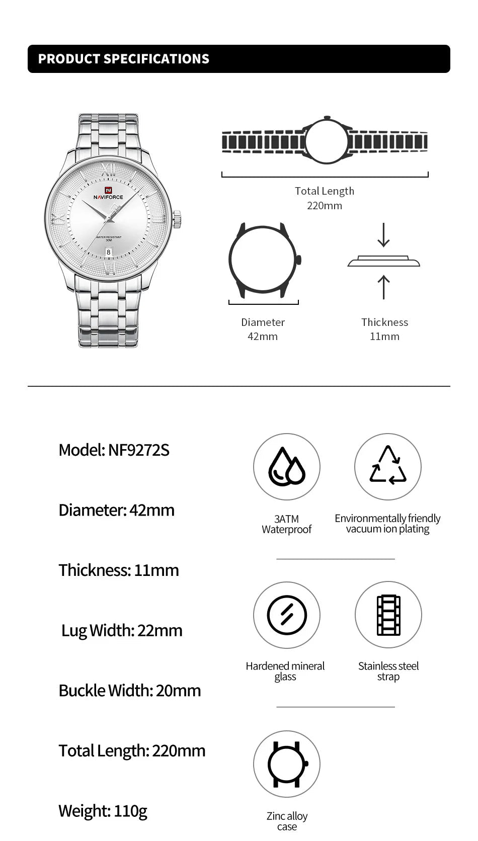 NAVIFORCE Men's Watch Classic Stainless Steel Strap 3ATM Waterproof Calendar Minimalist Dial Men's Chronograph Watch NF9272S - Tara's Tiny Treasures