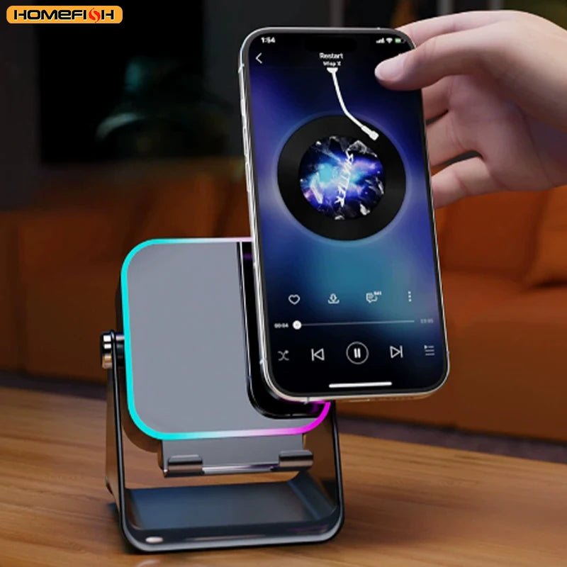 NEW 5 In 1 Auto-induction Wireless Induction Speaker 8 Mode RGB Light Phone Stand Surround Sound Portable Bluetooth Phone Holder - Tara's Tiny Treasures