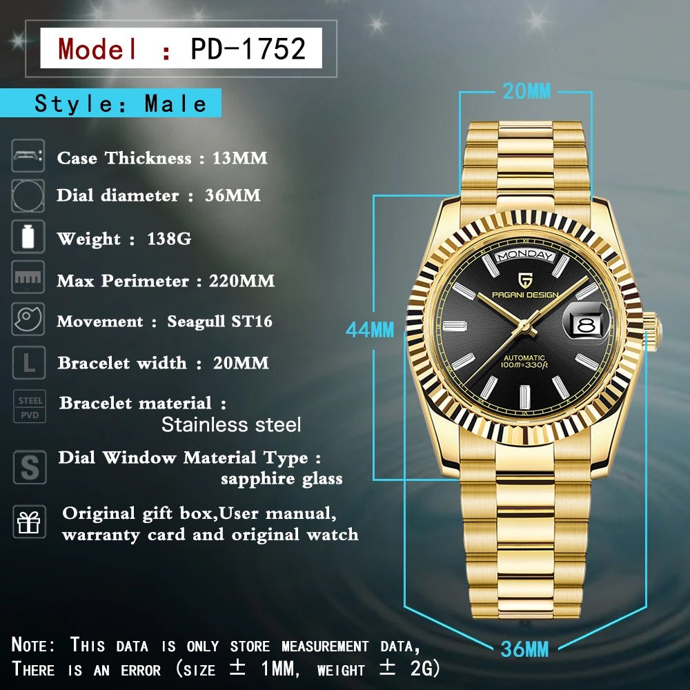 New PAGANI DESIGN DD36 Gold Luxury Automatic Mechanical Watch For Men ST16 100M Waterproof AR Sapphire Glass Wristwatch Men - Tara's Tiny Treasures