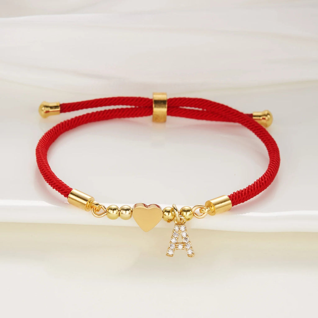 New Stainless Steel Gold Color Heart A-Z Initial Letter Bracelet Men Luck Red Rope Charm Bracelet For Women Men Jewelry Gift - Tara's Tiny Treasures