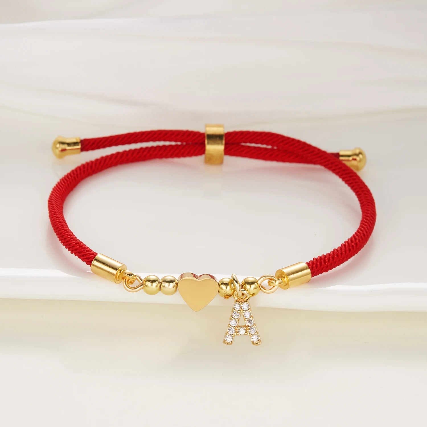 New Stainless Steel Gold Color Heart A-Z Initial Letter Bracelet Men Luck Red Rope Charm Bracelet For Women Men Jewelry Gift - Tara's Tiny Treasures