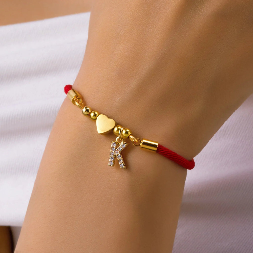New Stainless Steel Gold Color Heart A-Z Initial Letter Bracelet Men Luck Red Rope Charm Bracelet For Women Men Jewelry Gift - Tara's Tiny Treasures