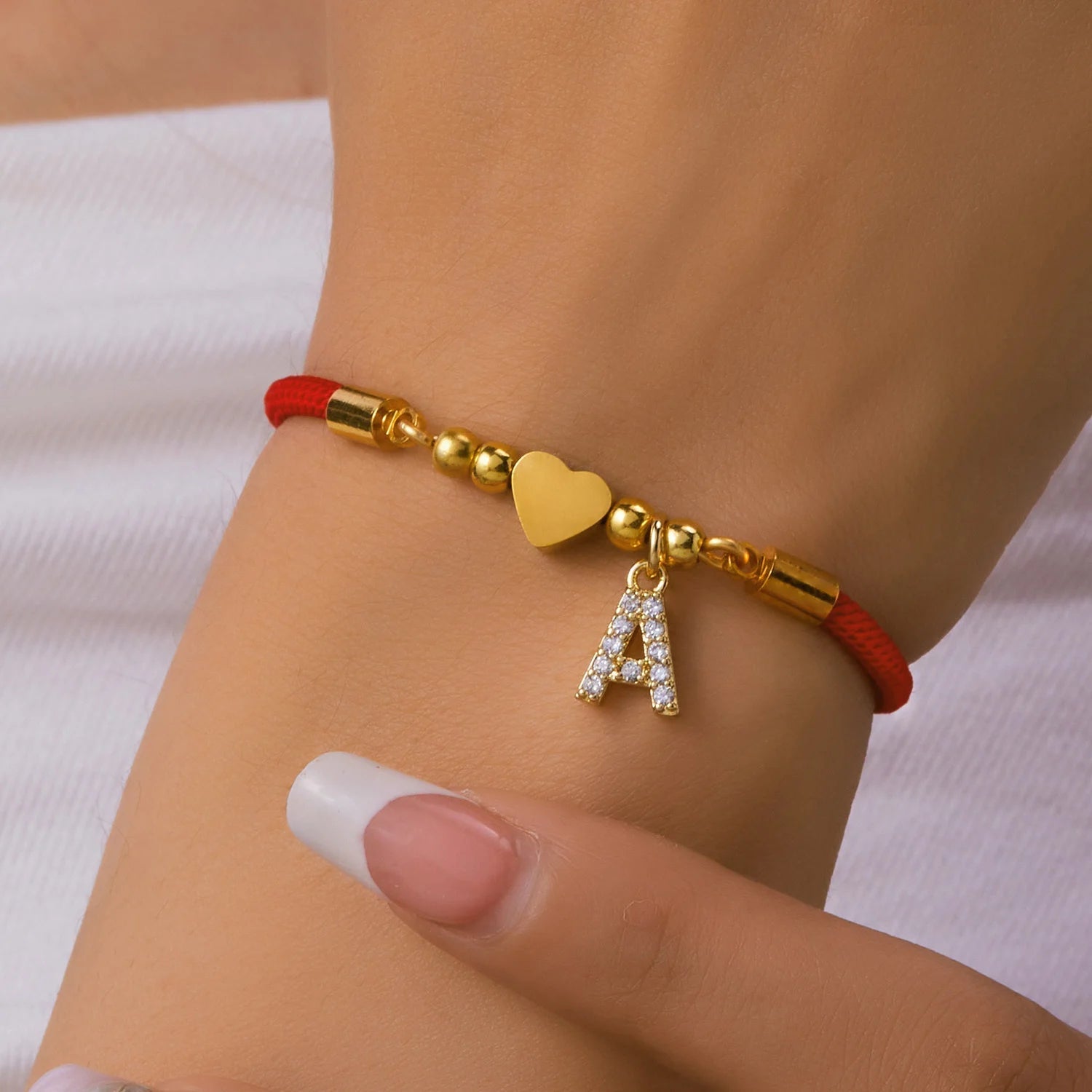 New Stainless Steel Gold Color Heart A-Z Initial Letter Bracelet Men Luck Red Rope Charm Bracelet For Women Men Jewelry Gift - Tara's Tiny Treasures