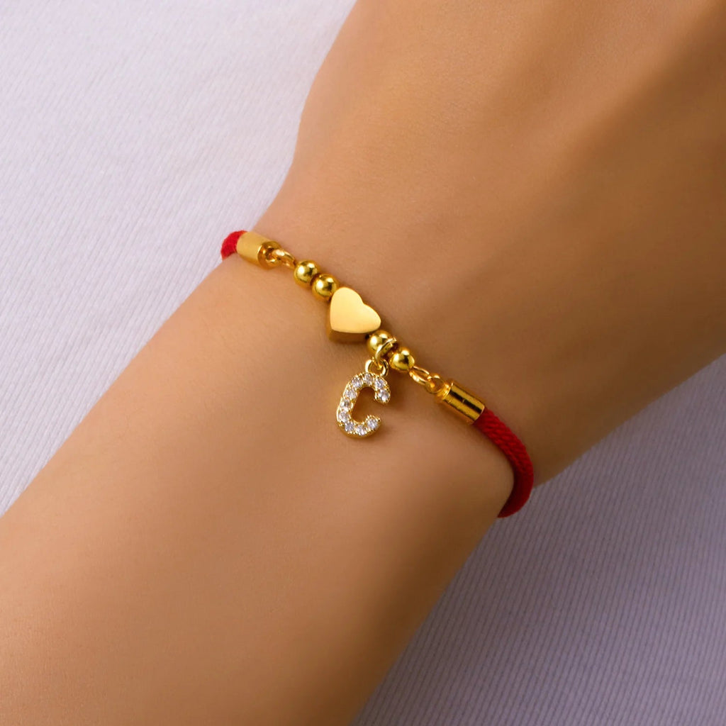 New Stainless Steel Gold Color Heart A-Z Initial Letter Bracelet Men Luck Red Rope Charm Bracelet For Women Men Jewelry Gift - Tara's Tiny Treasures