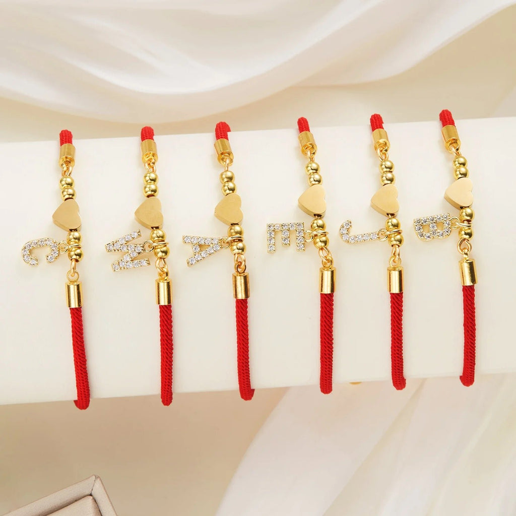 New Stainless Steel Gold Color Heart A-Z Initial Letter Bracelet Men Luck Red Rope Charm Bracelet For Women Men Jewelry Gift - Tara's Tiny Treasures