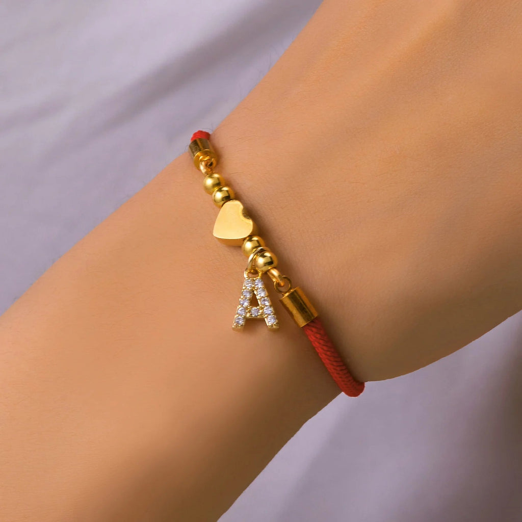 New Stainless Steel Gold Color Heart A-Z Initial Letter Bracelet Men Luck Red Rope Charm Bracelet For Women Men Jewelry Gift - Tara's Tiny Treasures