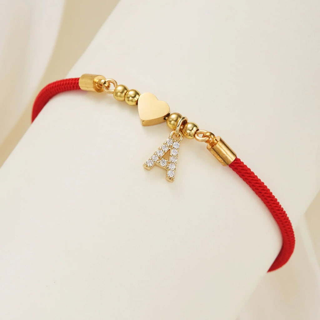 New Stainless Steel Gold Color Heart A-Z Initial Letter Bracelet Men Luck Red Rope Charm Bracelet For Women Men Jewelry Gift - Tara's Tiny Treasures