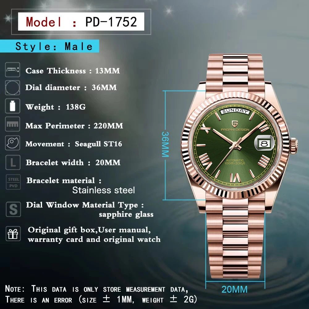 New Watch man PAGANI DESIGN D36 gold Rose Luxury automatic mechanical waterproof glass Sapphire AR stainless steel Date gift Man - Tara's Tiny Treasures