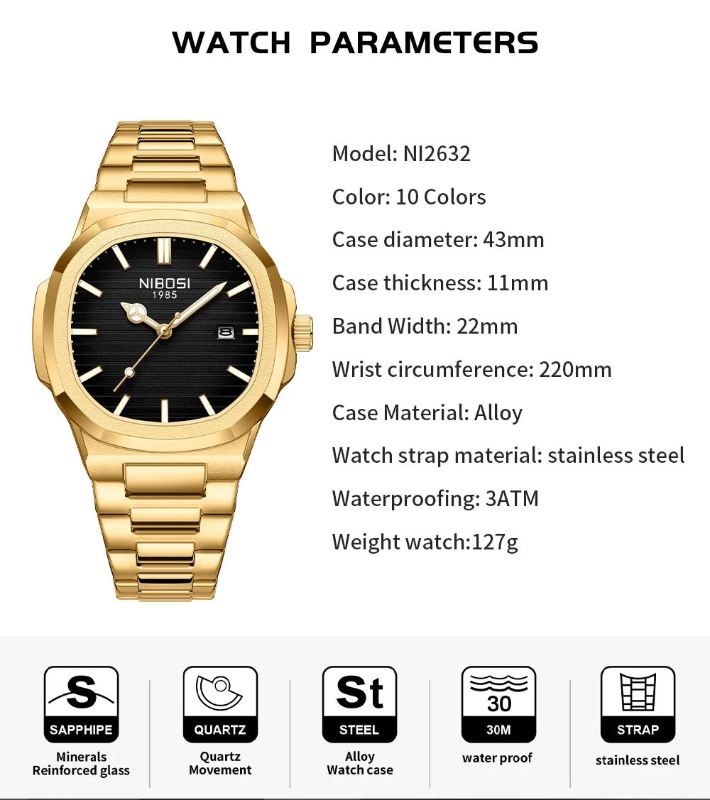 NIBOSI Top Brand Luxury Mens Watches Stainless Steel Quartz Watches For Men Waterproof Sport Watch Men Relogio Masculino - Tara's Tiny Treasures