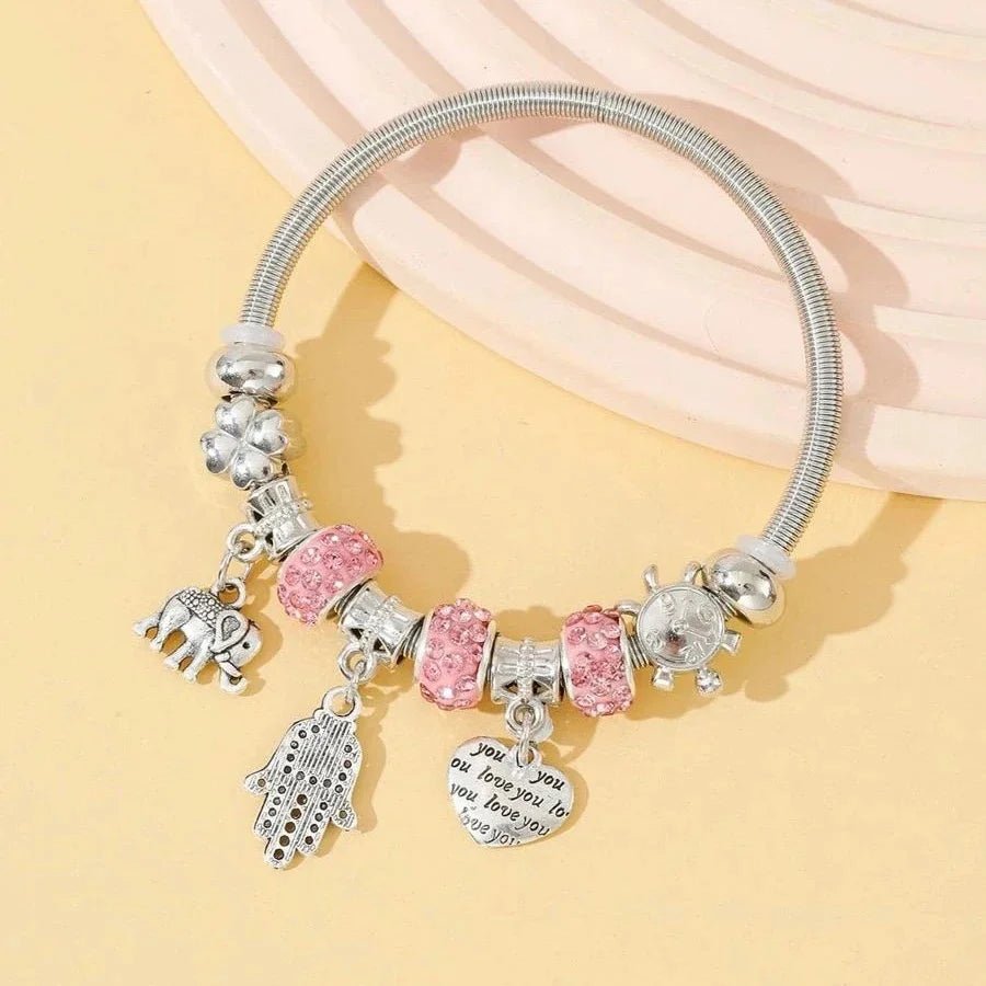 Obega Key Lock Crown Charm Bracelet Pink Glass Beads Elephant Bear Fatima Hand Clock Charm Bracelets Women Jewelry Love Gift - Tara's Tiny Treasures