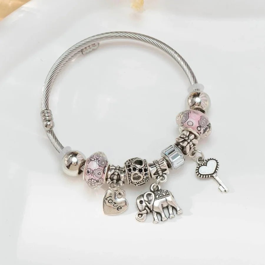 Obega Key Lock Crown Charm Bracelet Pink Glass Beads Elephant Bear Fatima Hand Clock Charm Bracelets Women Jewelry Love Gift - Tara's Tiny Treasures