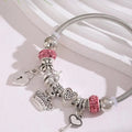 Obega Key Lock Crown Charm Bracelet Pink Glass Beads Elephant Bear Fatima Hand Clock Charm Bracelets Women Jewelry Love Gift - Tara's Tiny Treasures