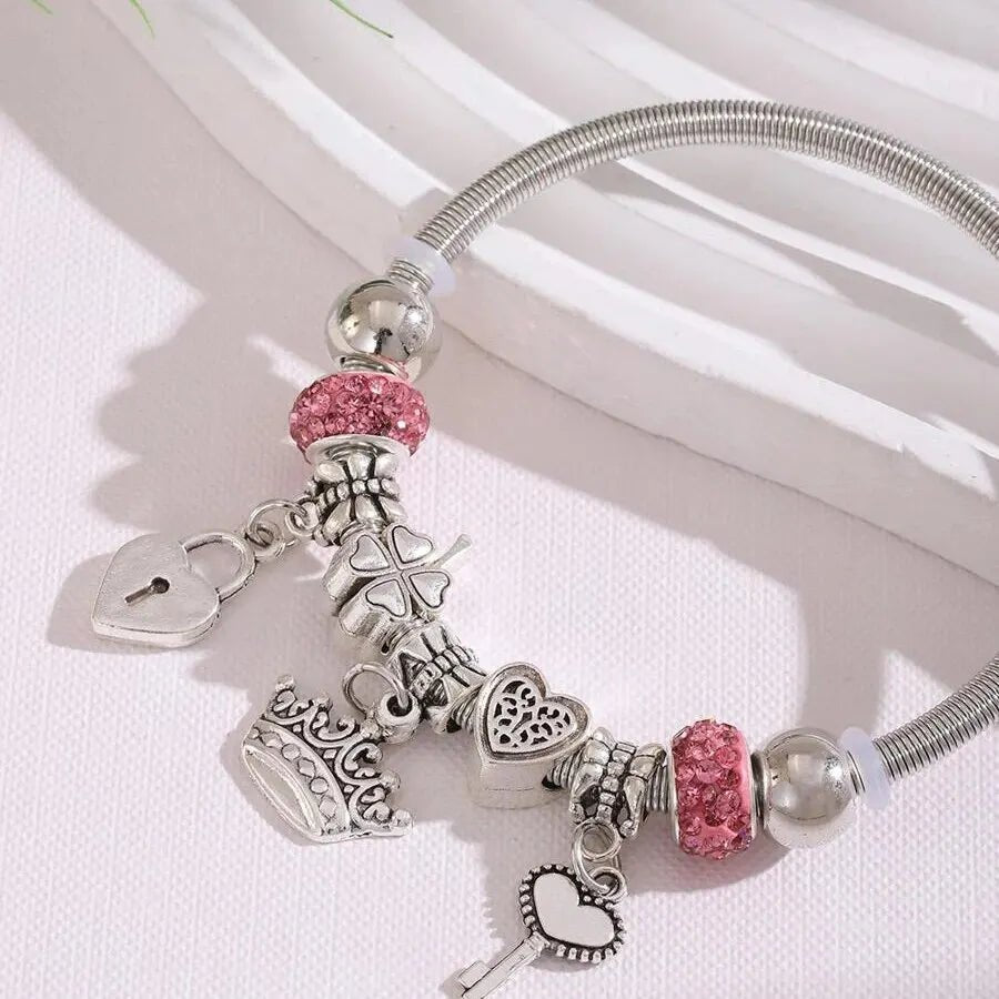 Obega Key Lock Crown Charm Bracelet Pink Glass Beads Elephant Bear Fatima Hand Clock Charm Bracelets Women Jewelry Love Gift - Tara's Tiny Treasures