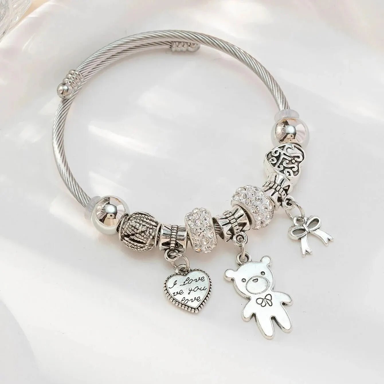 Obega Key Lock Crown Charm Bracelet Pink Glass Beads Elephant Bear Fatima Hand Clock Charm Bracelets Women Jewelry Love Gift - Tara's Tiny Treasures