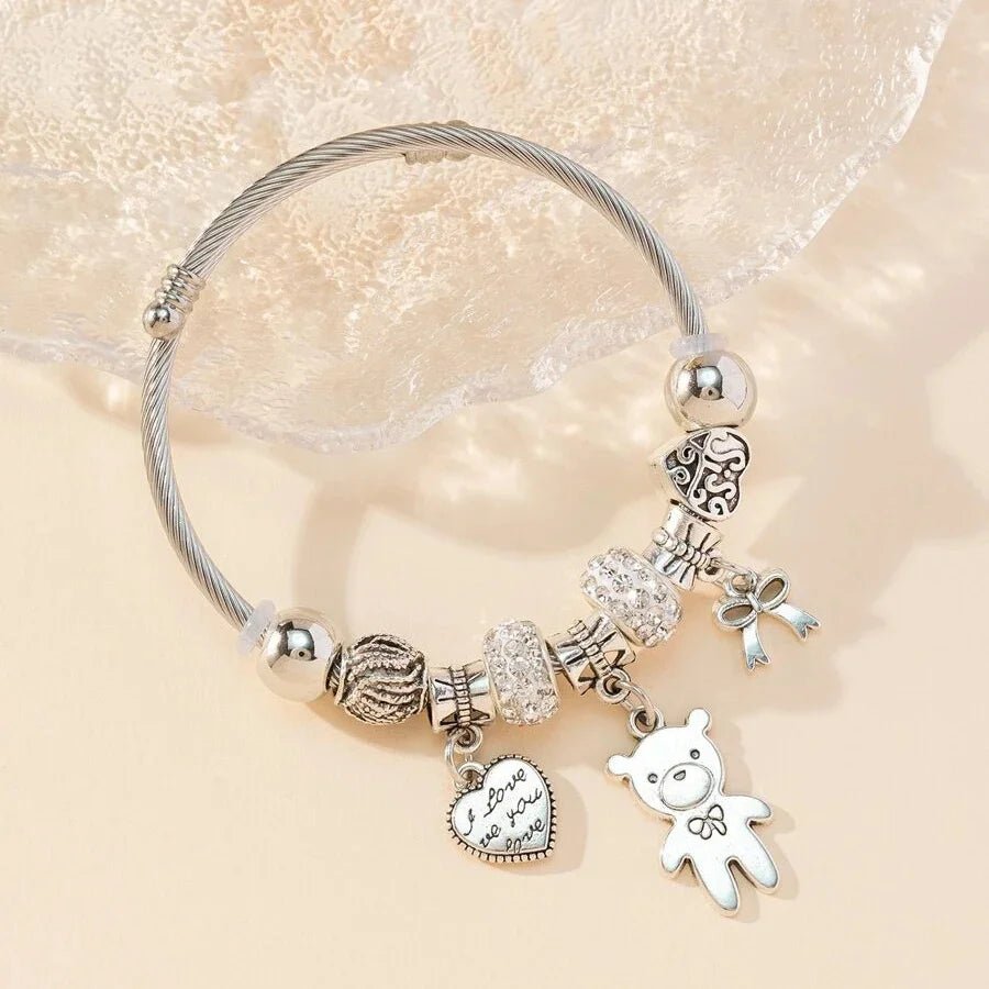 Obega Key Lock Crown Charm Bracelet Pink Glass Beads Elephant Bear Fatima Hand Clock Charm Bracelets Women Jewelry Love Gift - Tara's Tiny Treasures