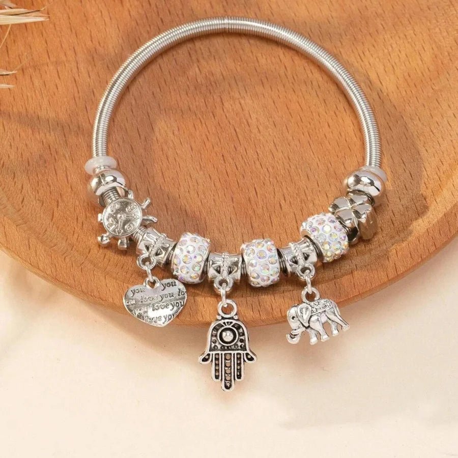Obega Key Lock Crown Charm Bracelet Pink Glass Beads Elephant Bear Fatima Hand Clock Charm Bracelets Women Jewelry Love Gift - Tara's Tiny Treasures