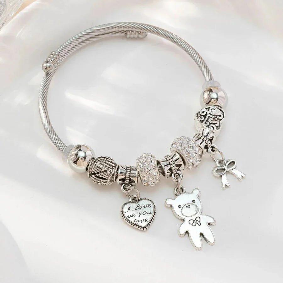 Obega Key Lock Crown Charm Bracelet Pink Glass Beads Elephant Bear Fatima Hand Clock Charm Bracelets Women Jewelry Love Gift - Tara's Tiny Treasures