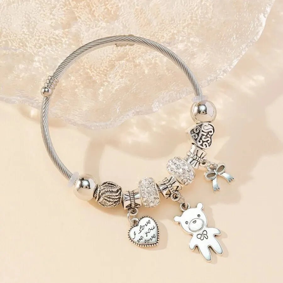 Obega Key Lock Crown Charm Bracelet Pink Glass Beads Elephant Bear Fatima Hand Clock Charm Bracelets Women Jewelry Love Gift - Tara's Tiny Treasures