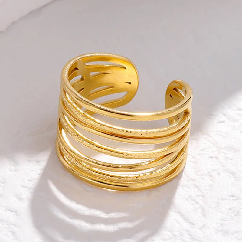 OIMG 316L Stainless Steel Gold Plated Waterproof Exaggerate Multi Layer Hollow Wide Surface Open Adjustable Rings For Women - Tara's Tiny Treasures