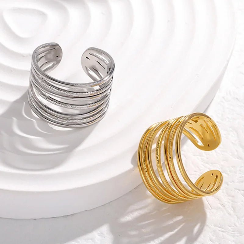 OIMG 316L Stainless Steel Gold Plated Waterproof Exaggerate Multi Layer Hollow Wide Surface Open Adjustable Rings For Women - Tara's Tiny Treasures