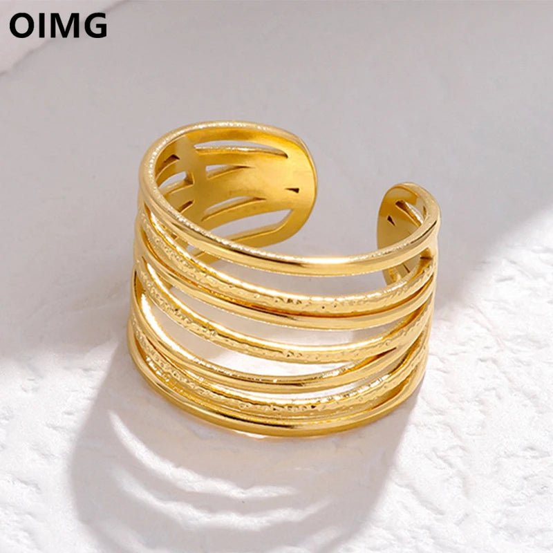 OIMG 316L Stainless Steel Gold Plated Waterproof Exaggerate Multi Layer Hollow Wide Surface Open Adjustable Rings For Women - Tara's Tiny Treasures