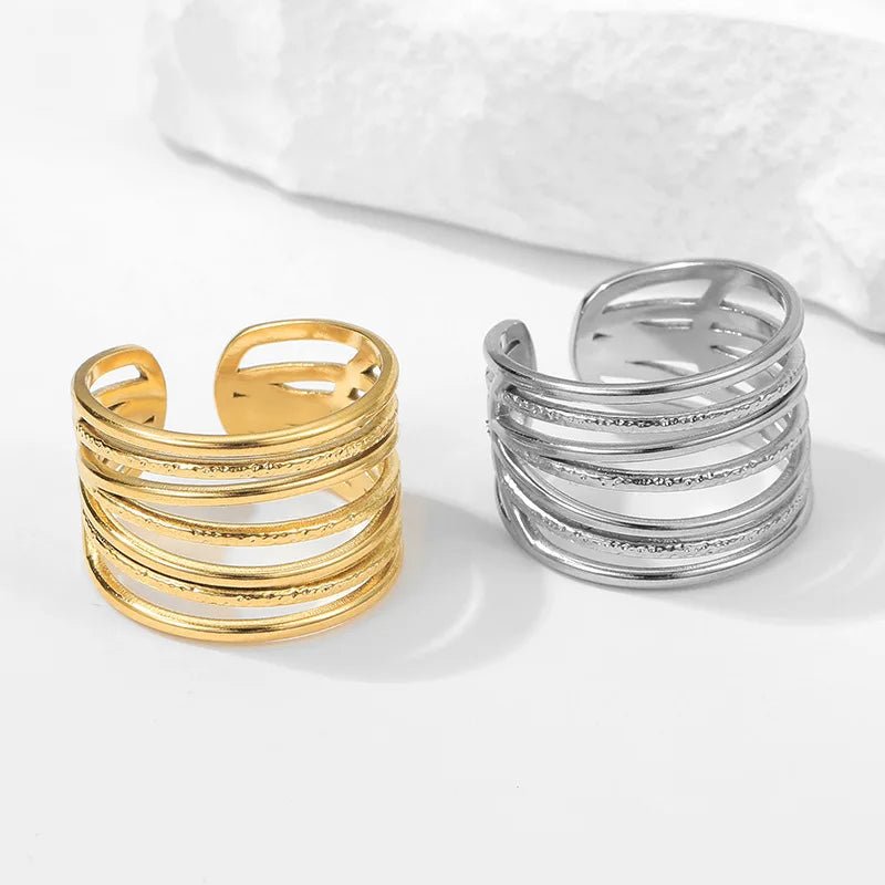 OIMG 316L Stainless Steel Gold Plated Waterproof Exaggerate Multi Layer Hollow Wide Surface Open Adjustable Rings For Women - Tara's Tiny Treasures