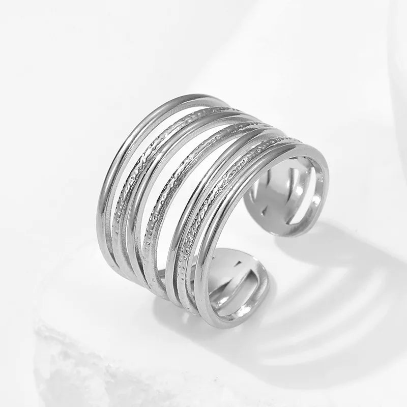 OIMG 316L Stainless Steel Gold Plated Waterproof Exaggerate Multi Layer Hollow Wide Surface Open Adjustable Rings For Women - Tara's Tiny Treasures