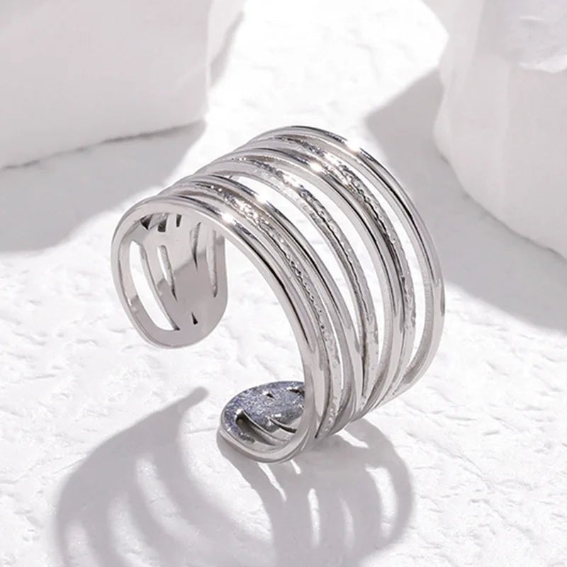 OIMG 316L Stainless Steel Gold Plated Waterproof Exaggerate Multi Layer Hollow Wide Surface Open Adjustable Rings For Women - Tara's Tiny Treasures