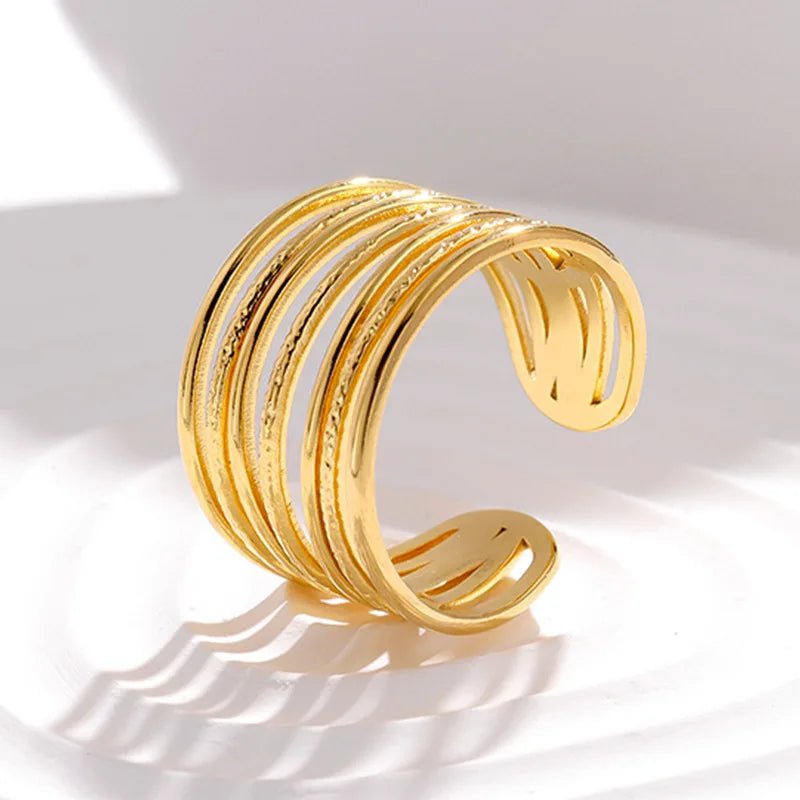 OIMG 316L Stainless Steel Gold Plated Waterproof Exaggerate Multi Layer Hollow Wide Surface Open Adjustable Rings For Women - Tara's Tiny Treasures