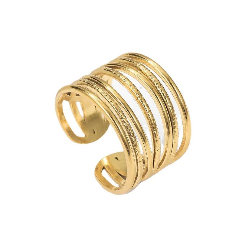 OIMG 316L Stainless Steel Gold Plated Waterproof Exaggerate Multi Layer Hollow Wide Surface Open Adjustable Rings For Women - Tara's Tiny Treasures