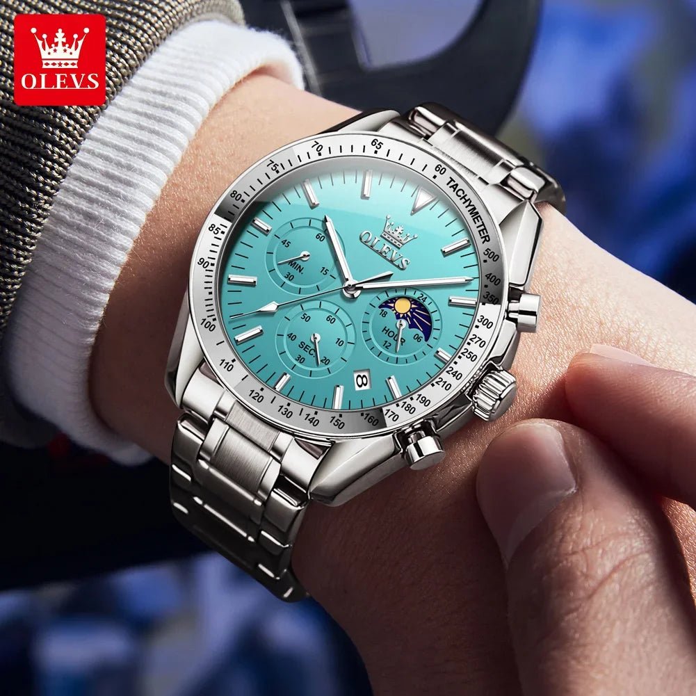 OLEVS 3618 Waterproof Luminous Date Moon Chronograph Wristwatches Mens Luxury Stainless Steel Quartz Watch for Men Reloj Hombre - Tara's Tiny Treasures