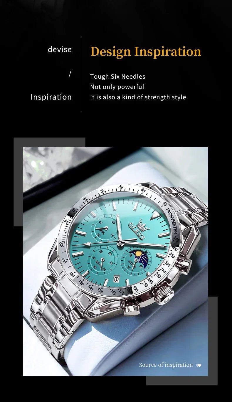 OLEVS 3618 Waterproof Luminous Date Moon Chronograph Wristwatches Mens Luxury Stainless Steel Quartz Watch for Men Reloj Hombre - Tara's Tiny Treasures