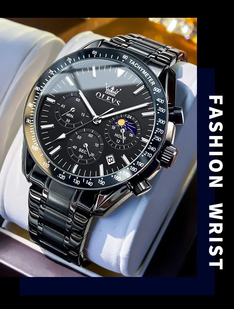 OLEVS 3618 Waterproof Luminous Date Moon Chronograph Wristwatches Mens Luxury Stainless Steel Quartz Watch for Men Reloj Hombre - Tara's Tiny Treasures