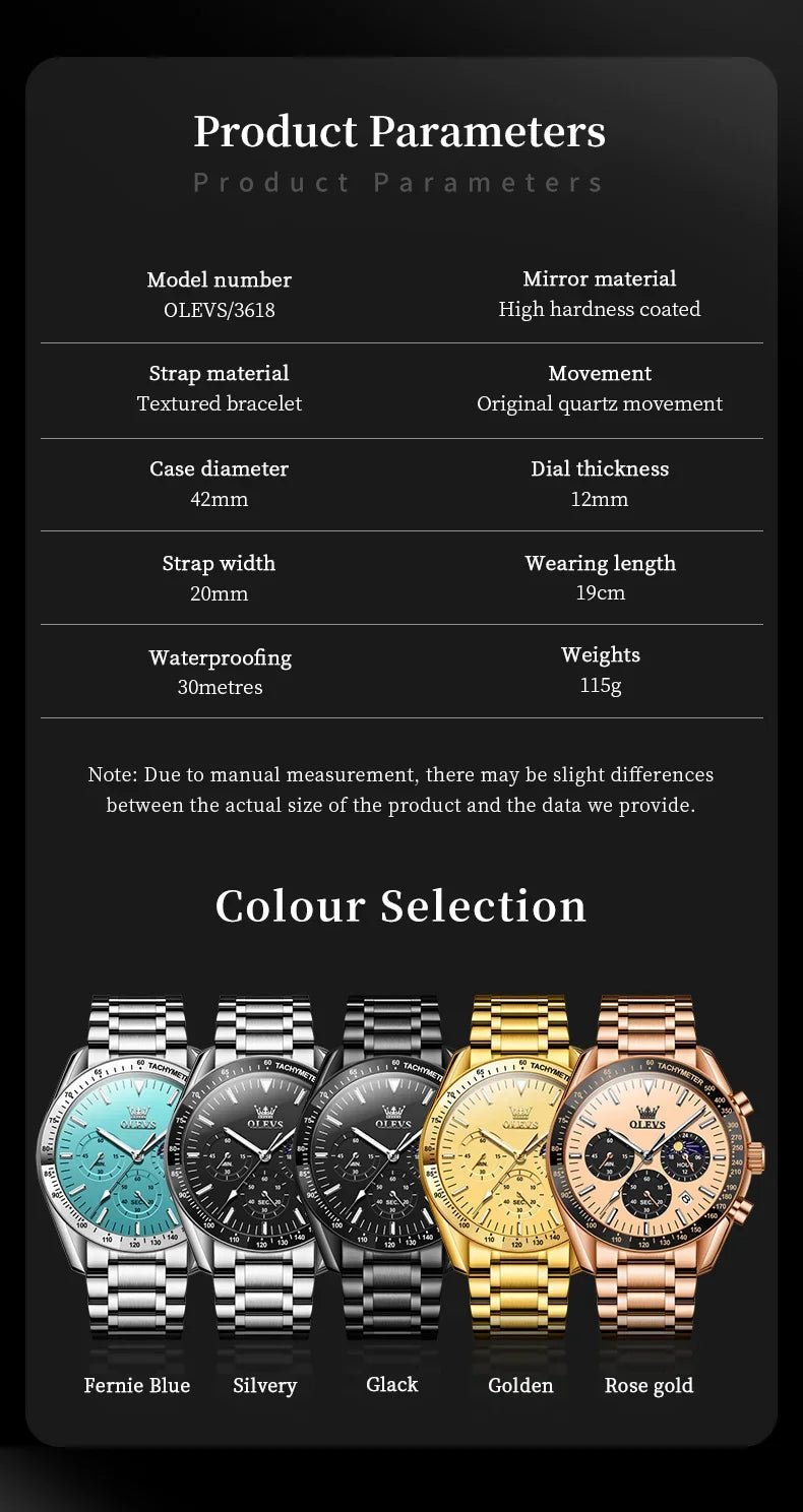 OLEVS 3618 Waterproof Luminous Date Moon Chronograph Wristwatches Mens Luxury Stainless Steel Quartz Watch for Men Reloj Hombre - Tara's Tiny Treasures
