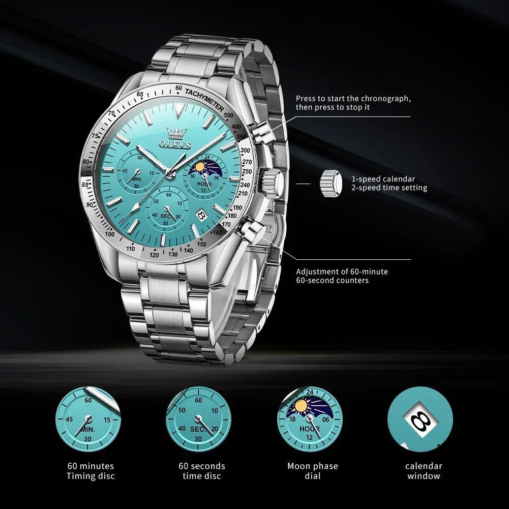 OLEVS 3618 Waterproof Luminous Date Moon Chronograph Wristwatches Mens Luxury Stainless Steel Quartz Watch for Men Reloj Hombre - Tara's Tiny Treasures