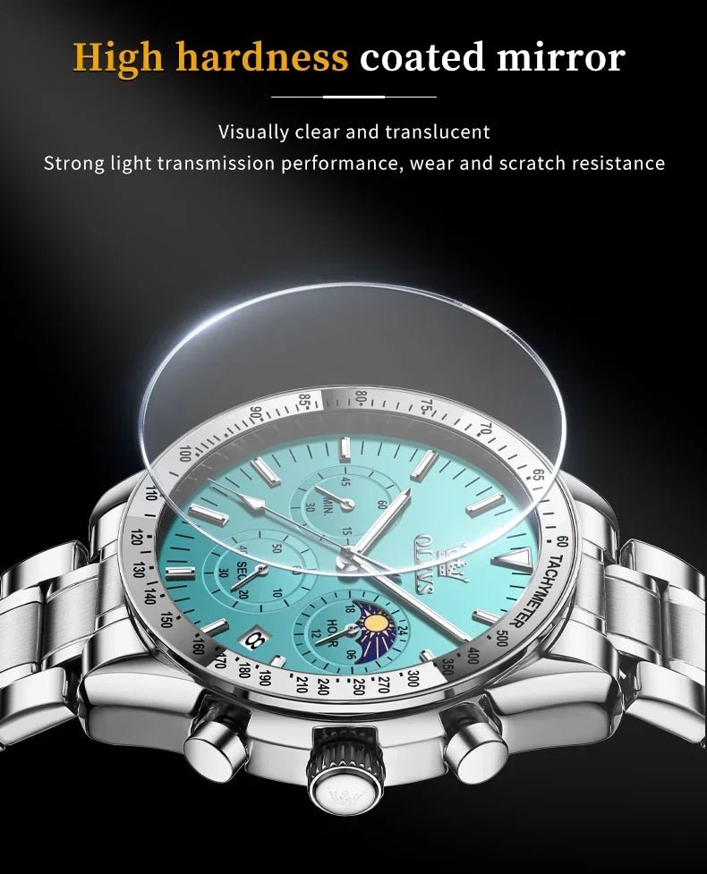 OLEVS 3618 Waterproof Luminous Date Moon Chronograph Wristwatches Mens Luxury Stainless Steel Quartz Watch for Men Reloj Hombre - Tara's Tiny Treasures